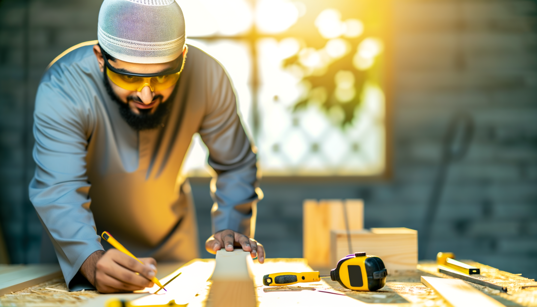 Professional contractor carefully measuring woodwork with precision tools in organized workshop