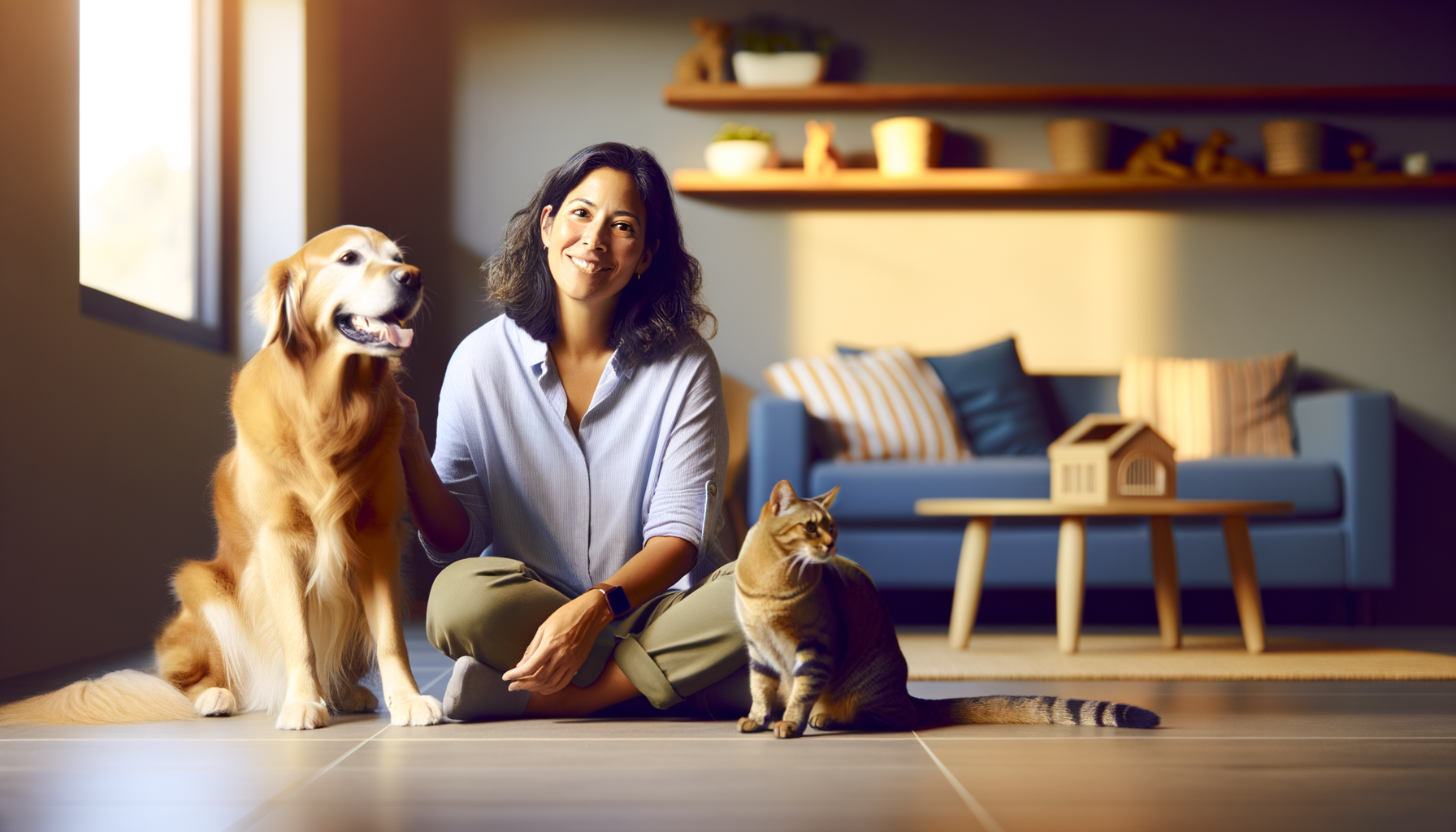 Professional pet sitter building trust with golden retriever and tabby cat in comfortable home setting