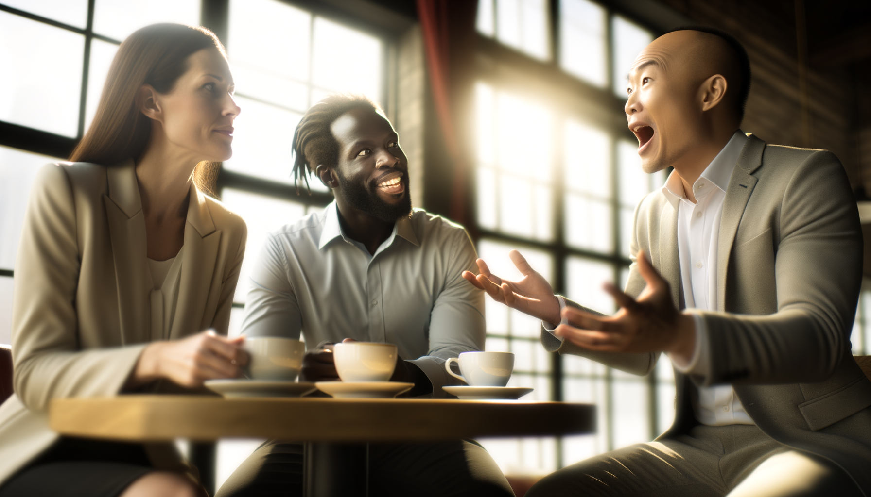 Three professionals having an animated conversation over coffee, representing organic business recommendations