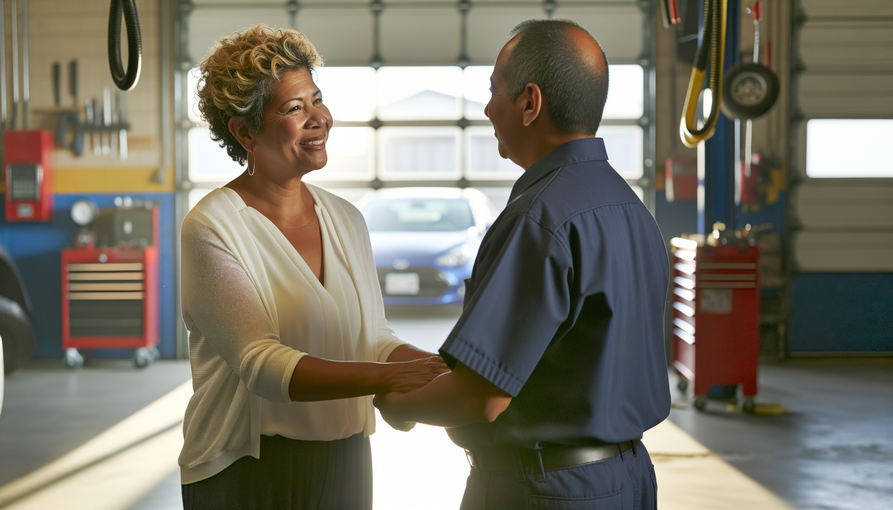 Customer greeting familiar mechanic at auto repair shop showing trusted relationship
