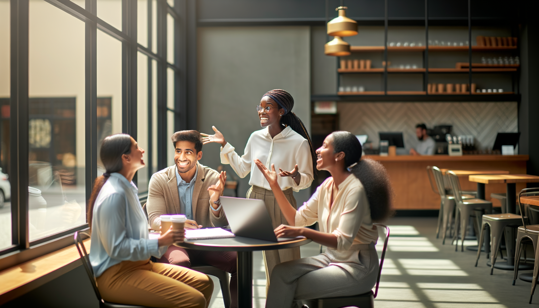 Three diverse business professionals having an engaging conversation in a bright coffee shop, representing organic referral discussions