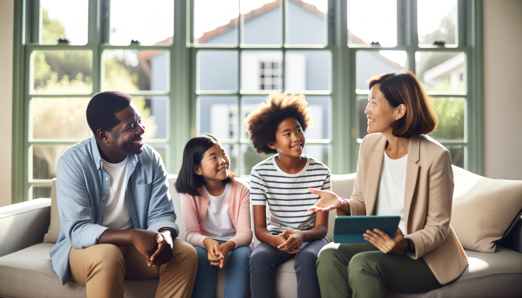 Family having a comfortable conversation with a trusted service provider in their living room