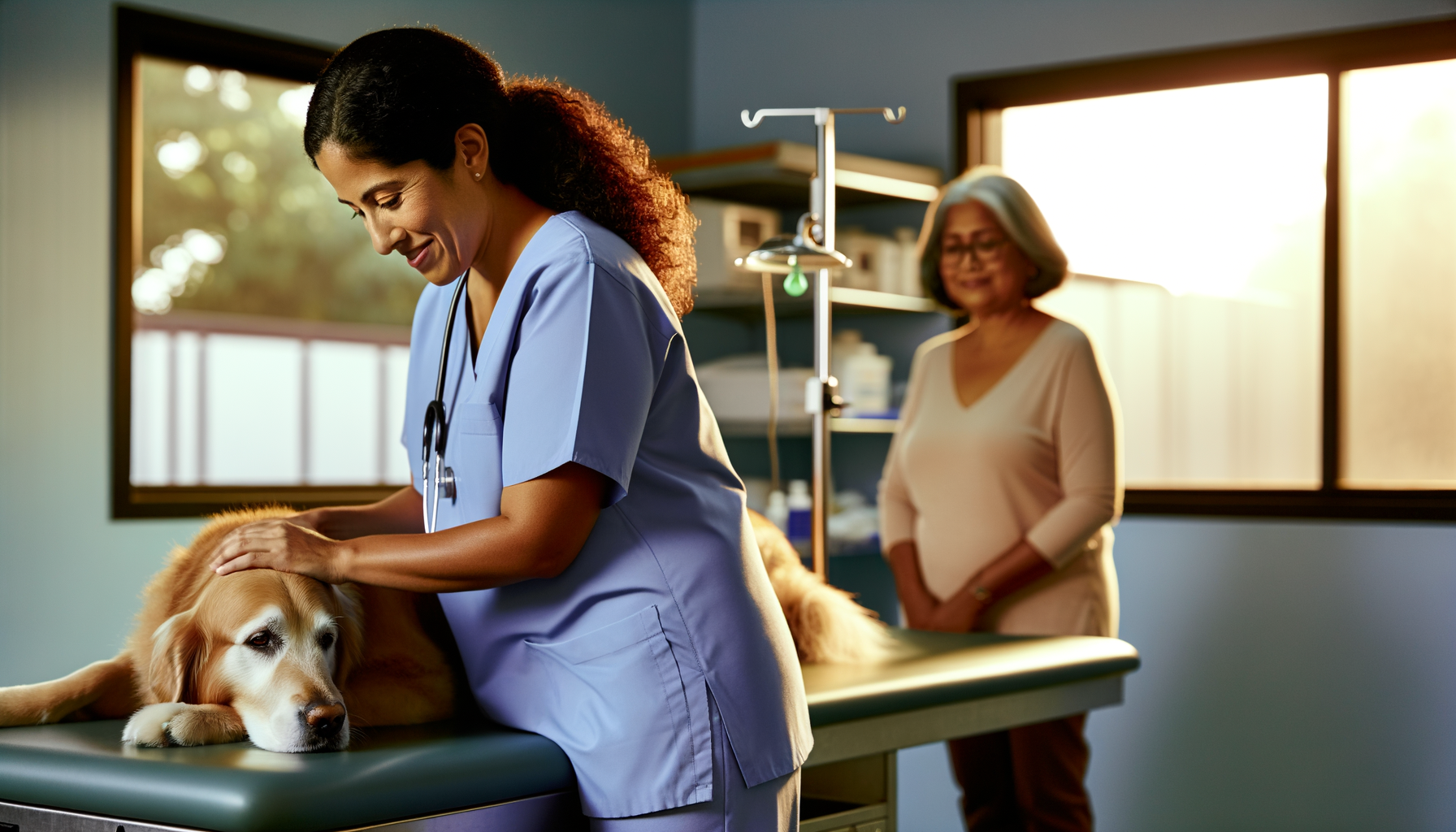 Veterinarian building trust with a calm golden retriever during examination while owner watches
