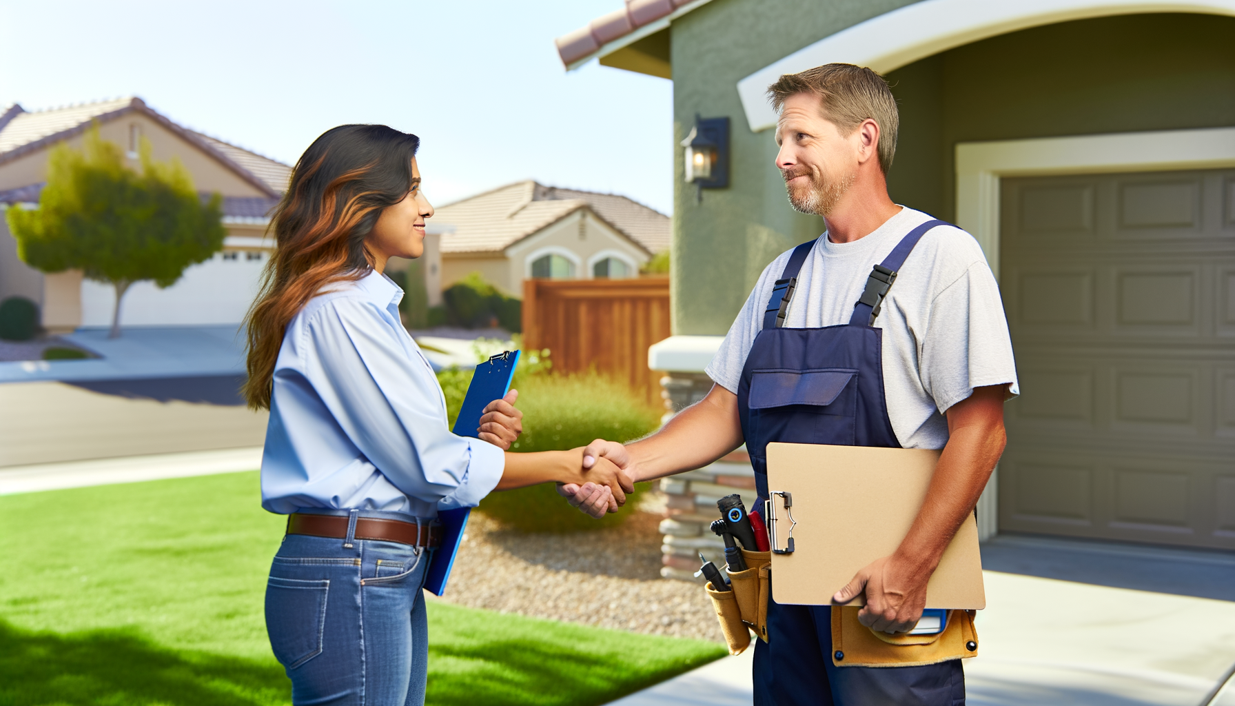 Contractor and homeowner shaking hands in front of house, showing established trust relationship