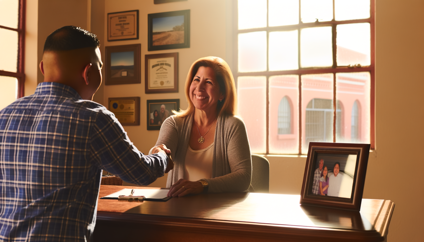 Small business owner shaking hands with customer in warm, personal office setting