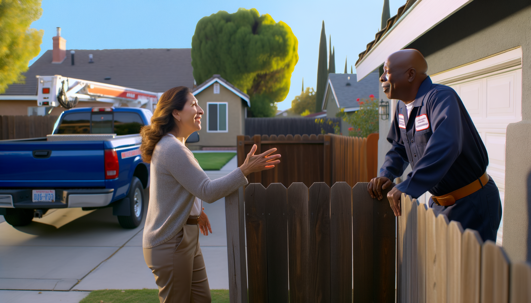 Two neighbors discussing home repair experiences over backyard fence with contractor truck visible