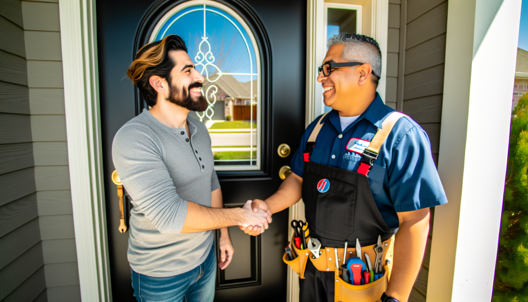 Professional service technician greeting homeowner at front door, showing established service relationship