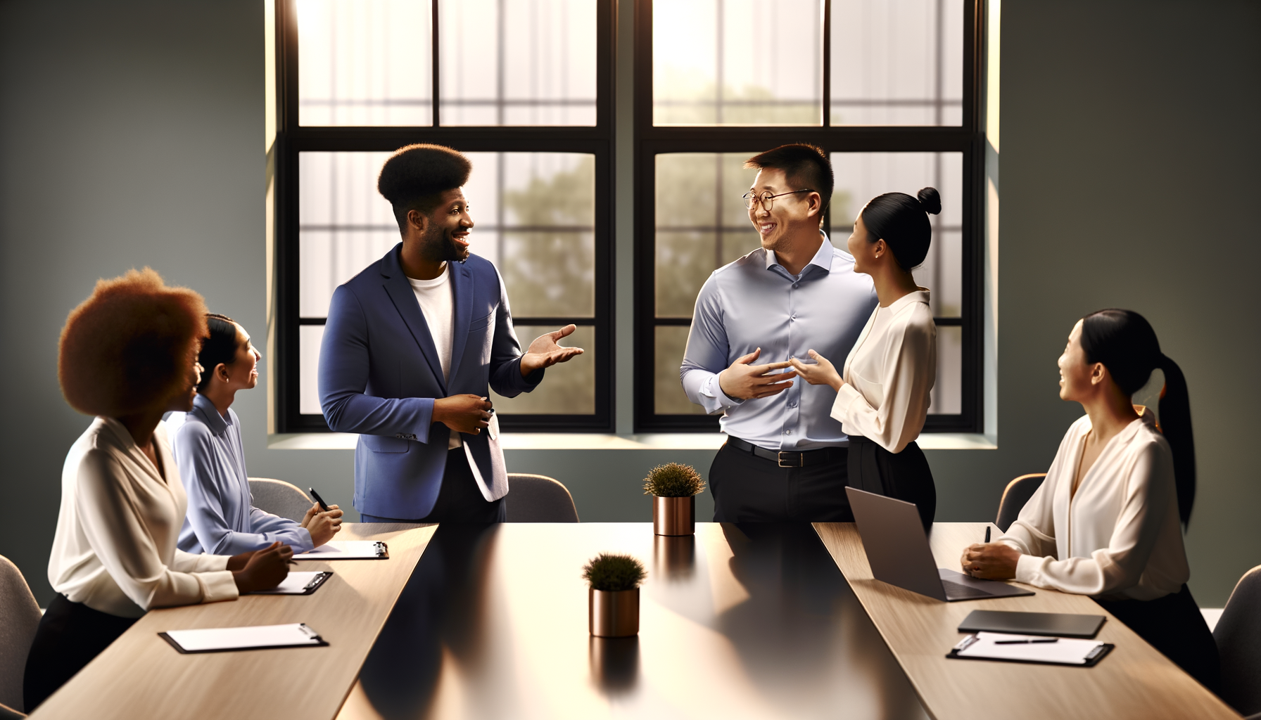 Three business professionals in a warm introduction meeting in a modern office setting