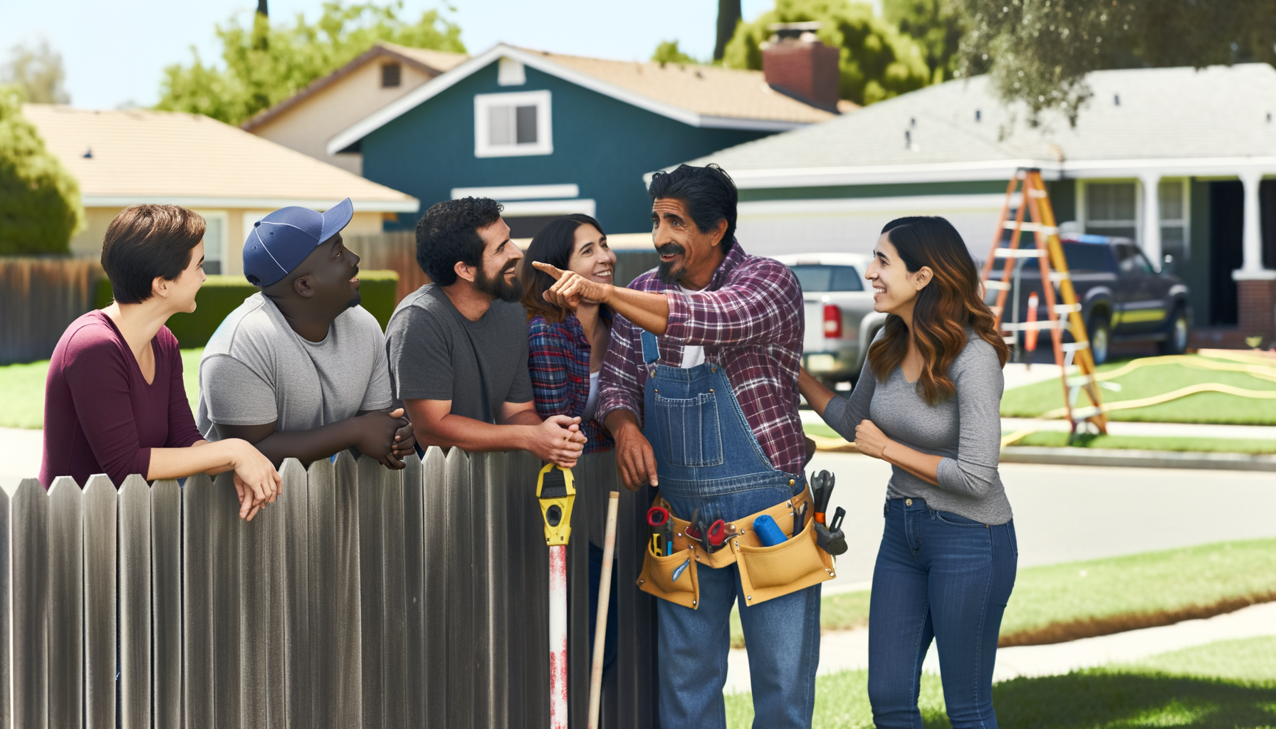 Neighbors discussing home repairs and sharing contractor recommendations in a friendly suburban setting
