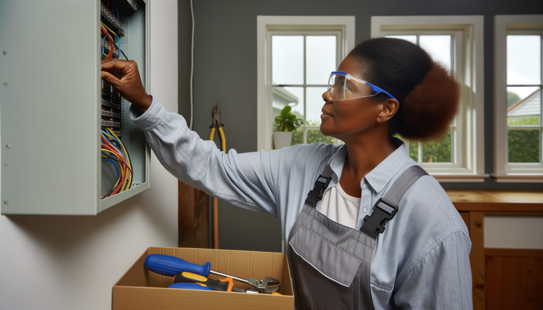 Professional local electrician inspecting electrical panel in residential home