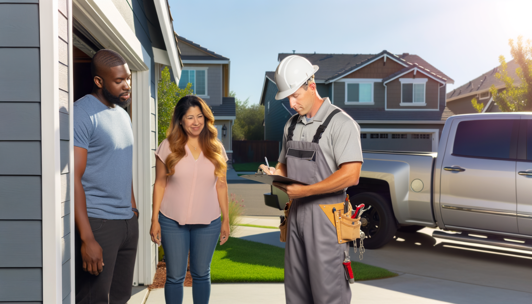 Local contractor discussing home repair project with homeowners in residential neighborhood