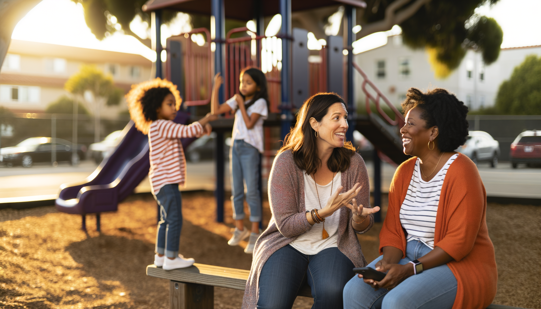 Diverse group of mothers having a conversation at a community playground, sharing recommendations and building connections
