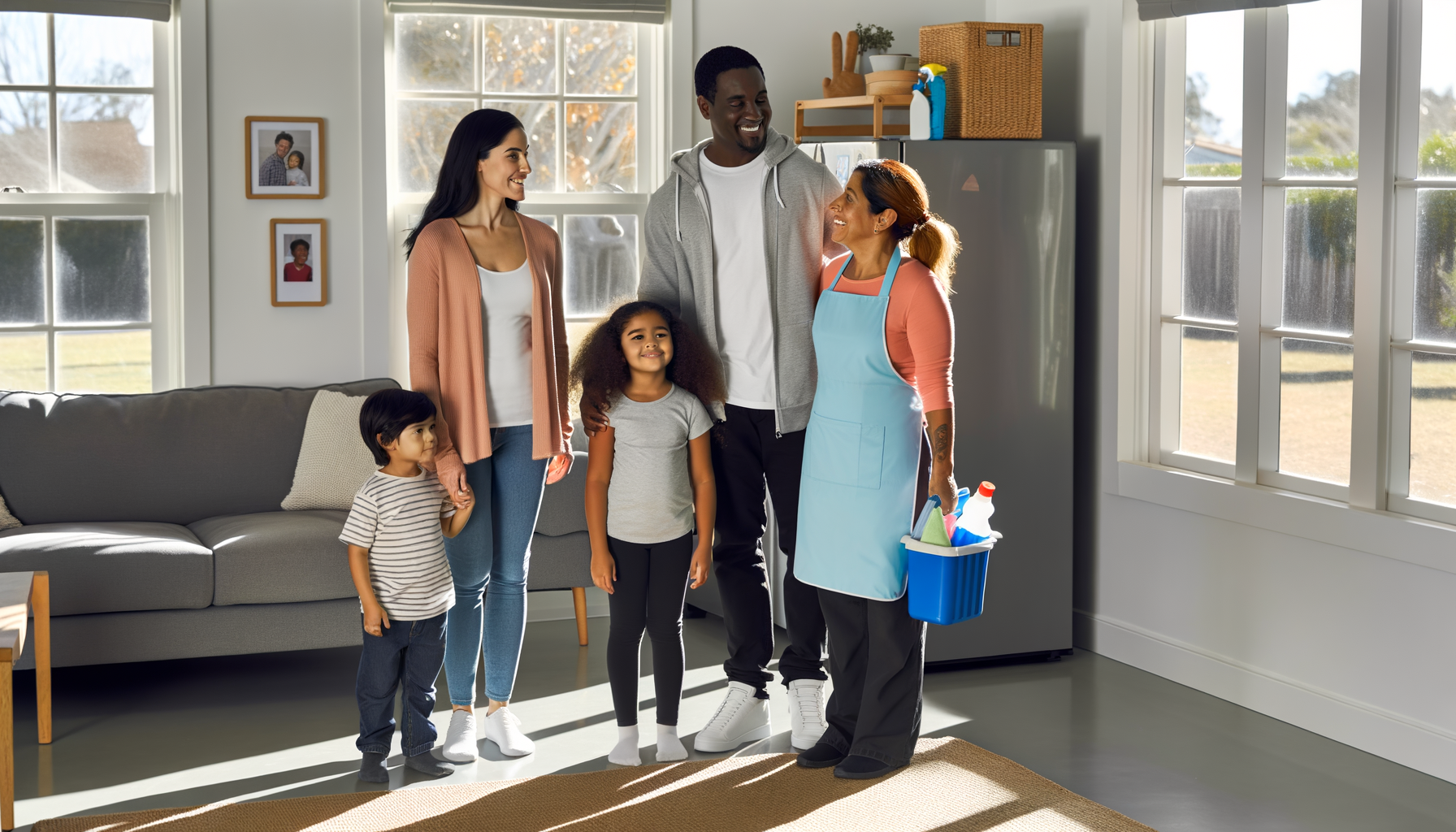 Family welcoming familiar cleaning service provider into their home with children present