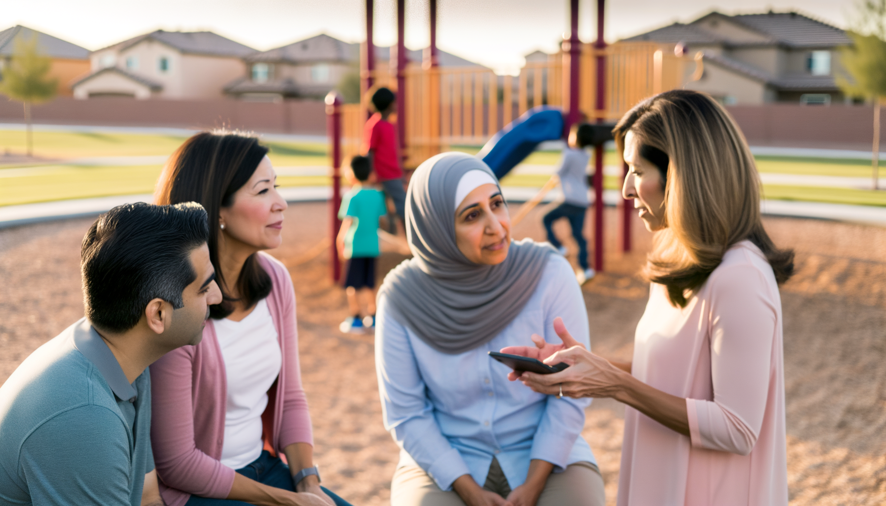 Parents sharing recommendations while their children play at a neighborhood playground