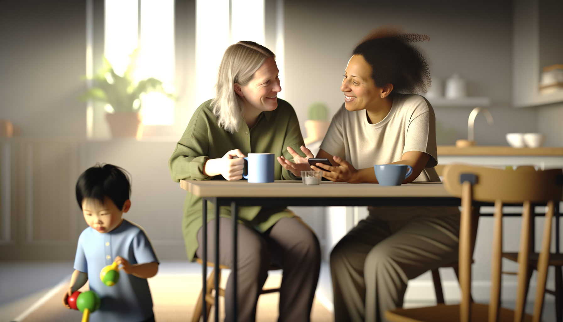 Two mothers sharing recommendations over coffee while children play nearby
