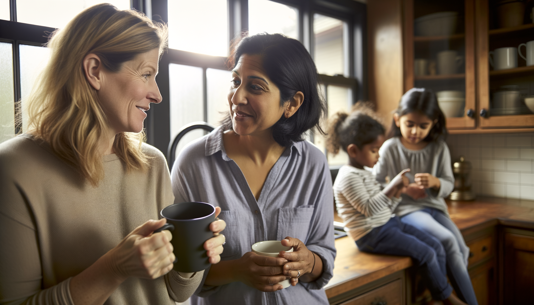 Two mothers sharing recommendations over coffee while their children play safely nearby
