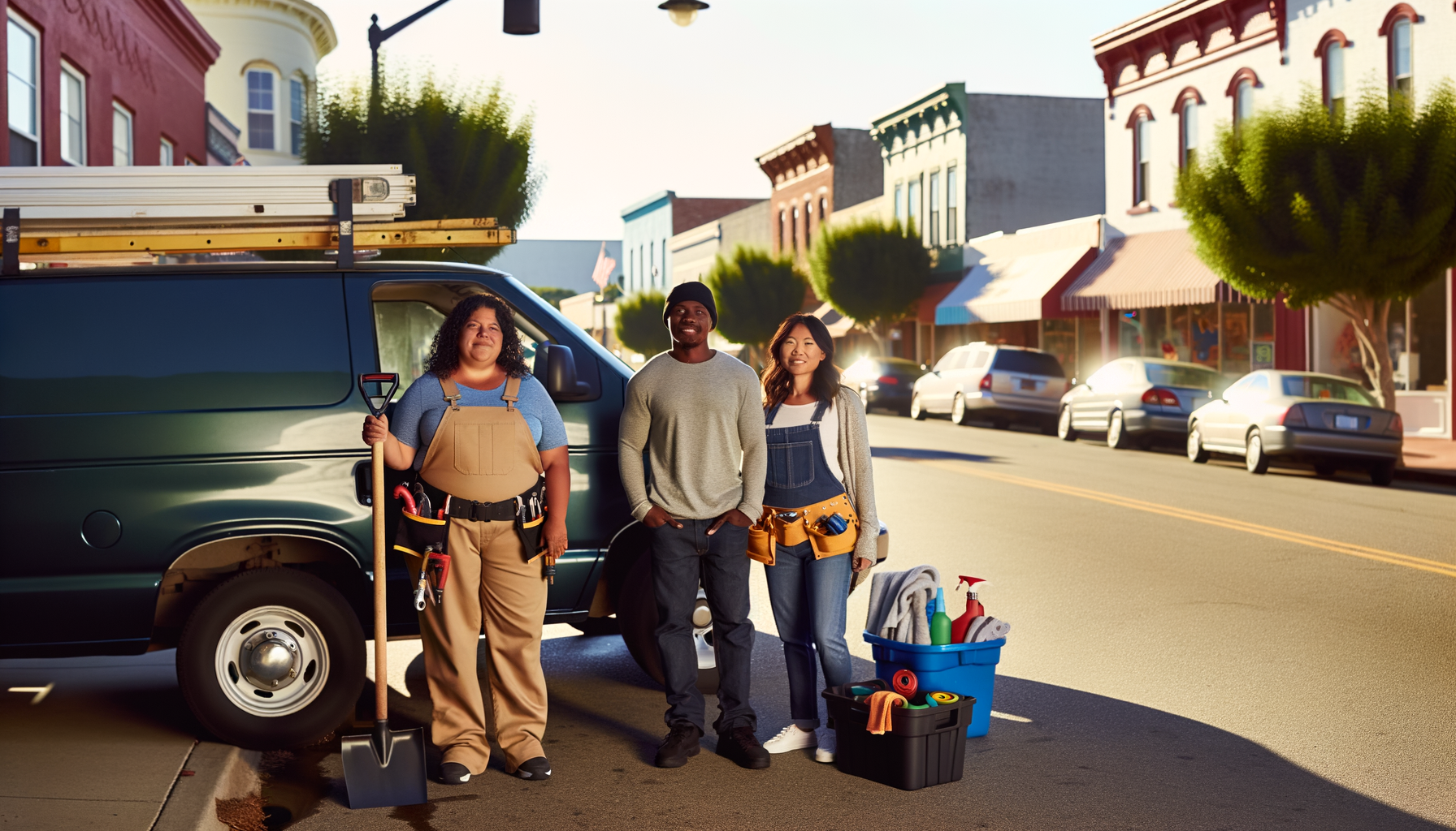 Diverse local service business owners proudly displaying their businesses on a community main street