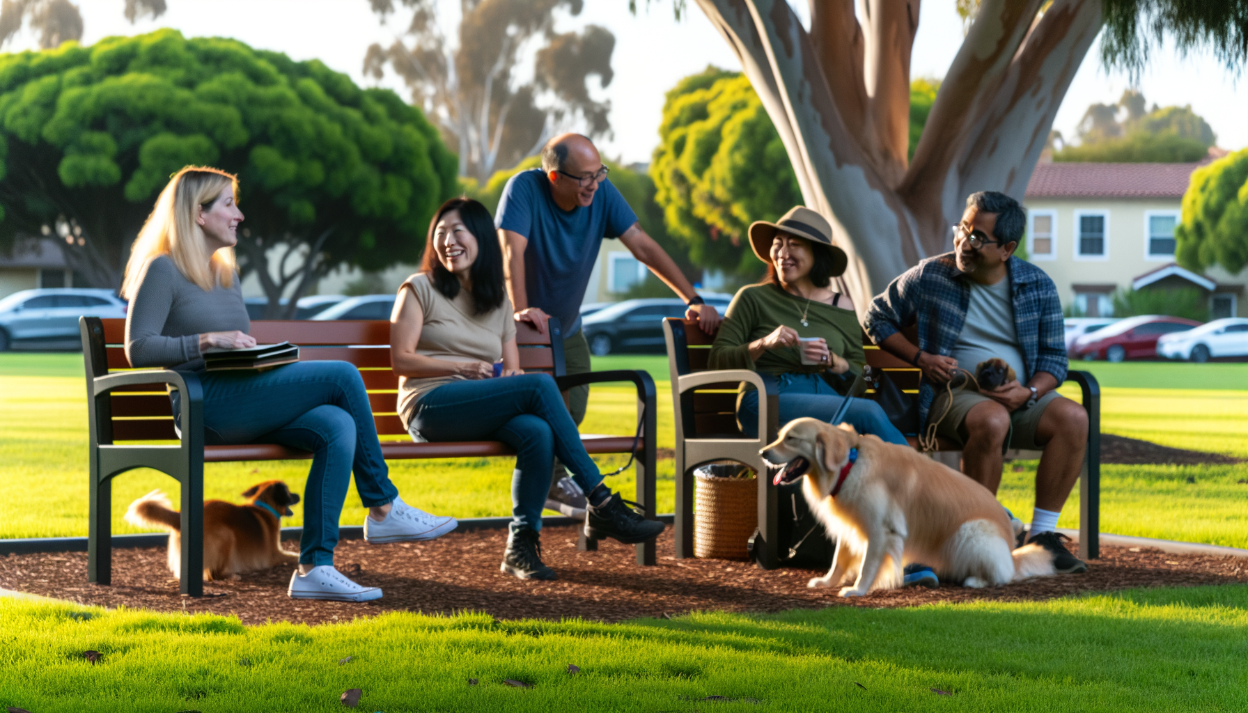 Pet owners having conversations at a dog park while their pets play together