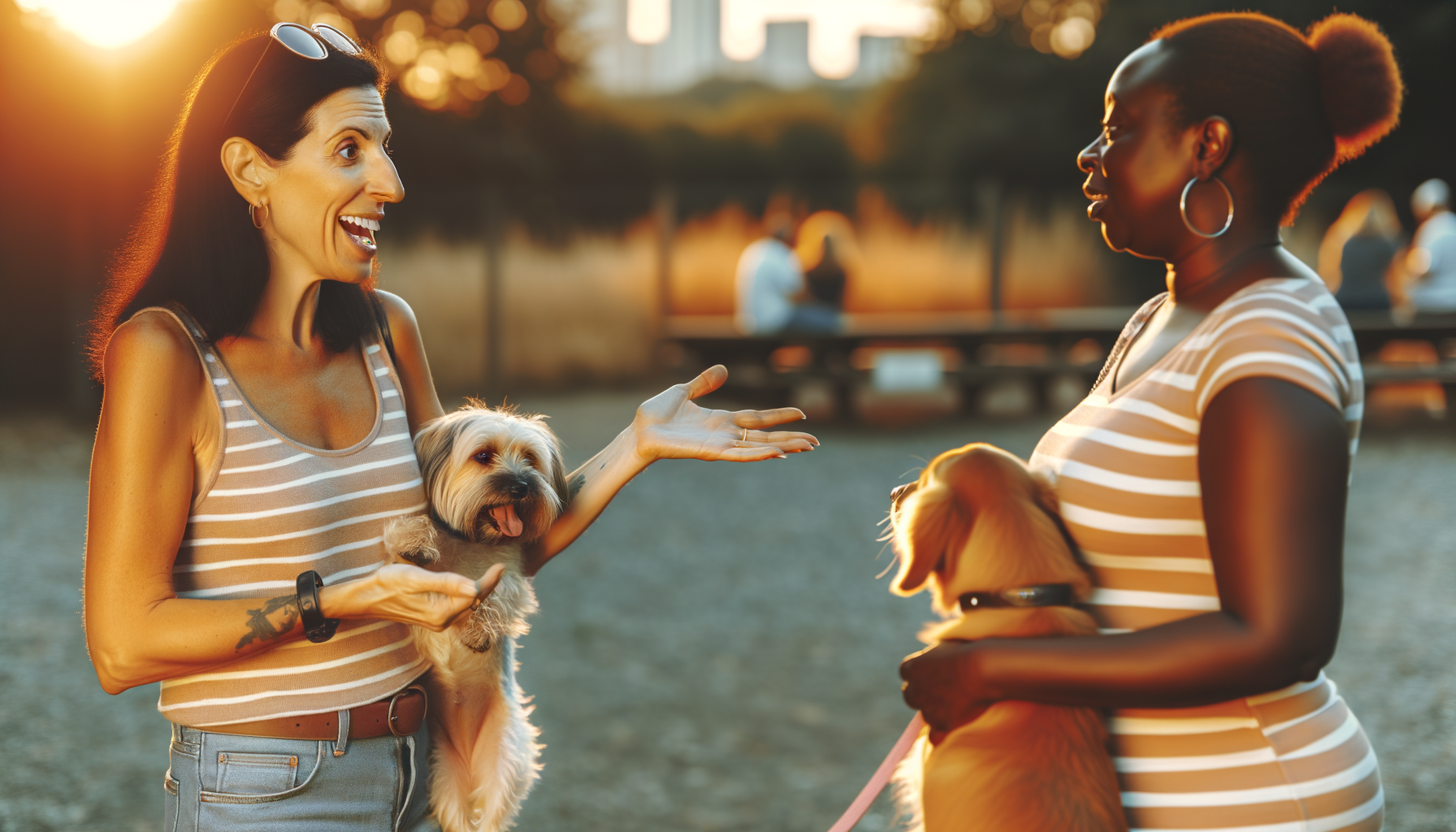 Two pet owners having a friendly conversation at a dog park, sharing recommendations while their dogs play