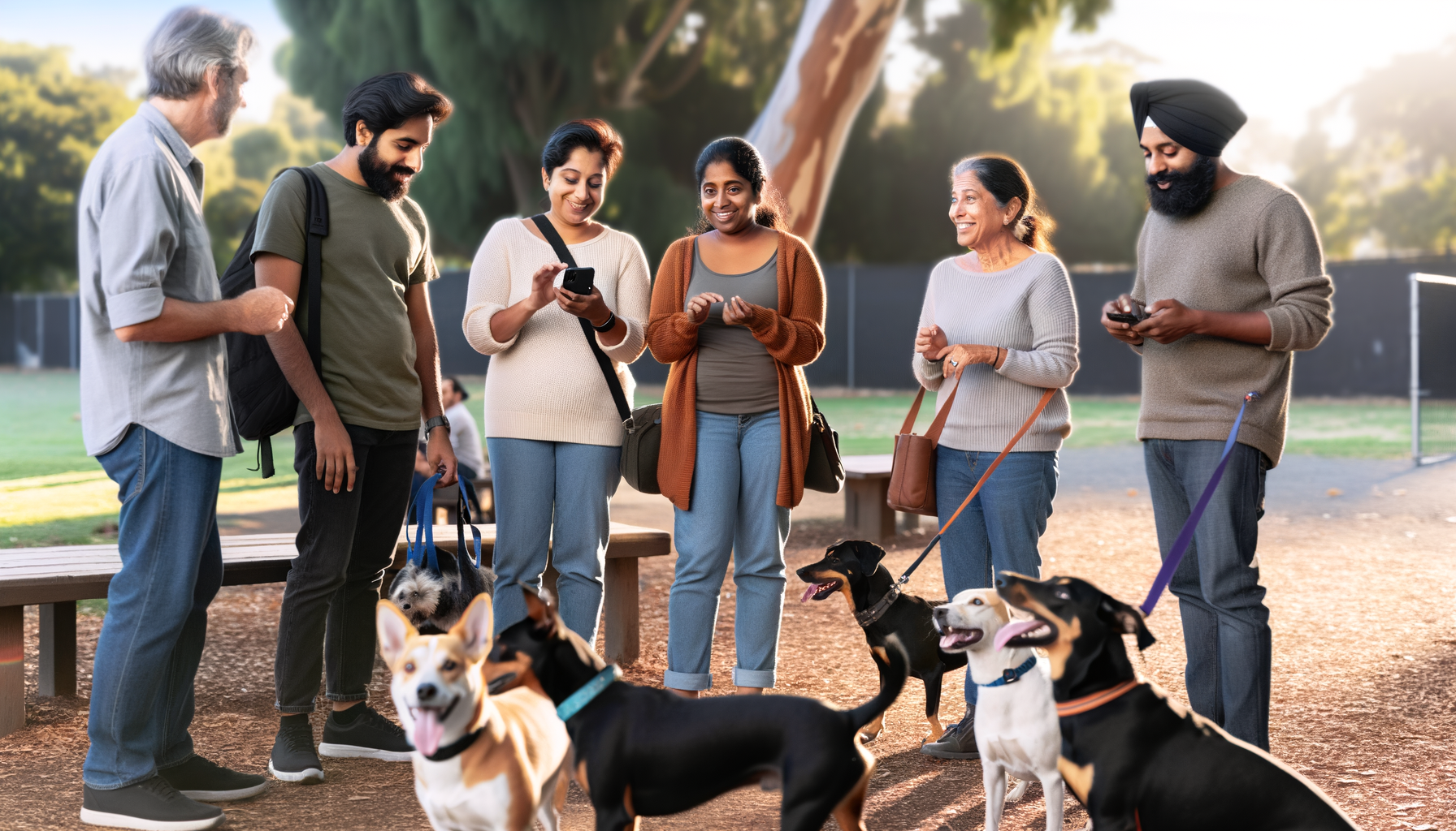 Pet owners discussing recommendations while their dogs socialize at a local park