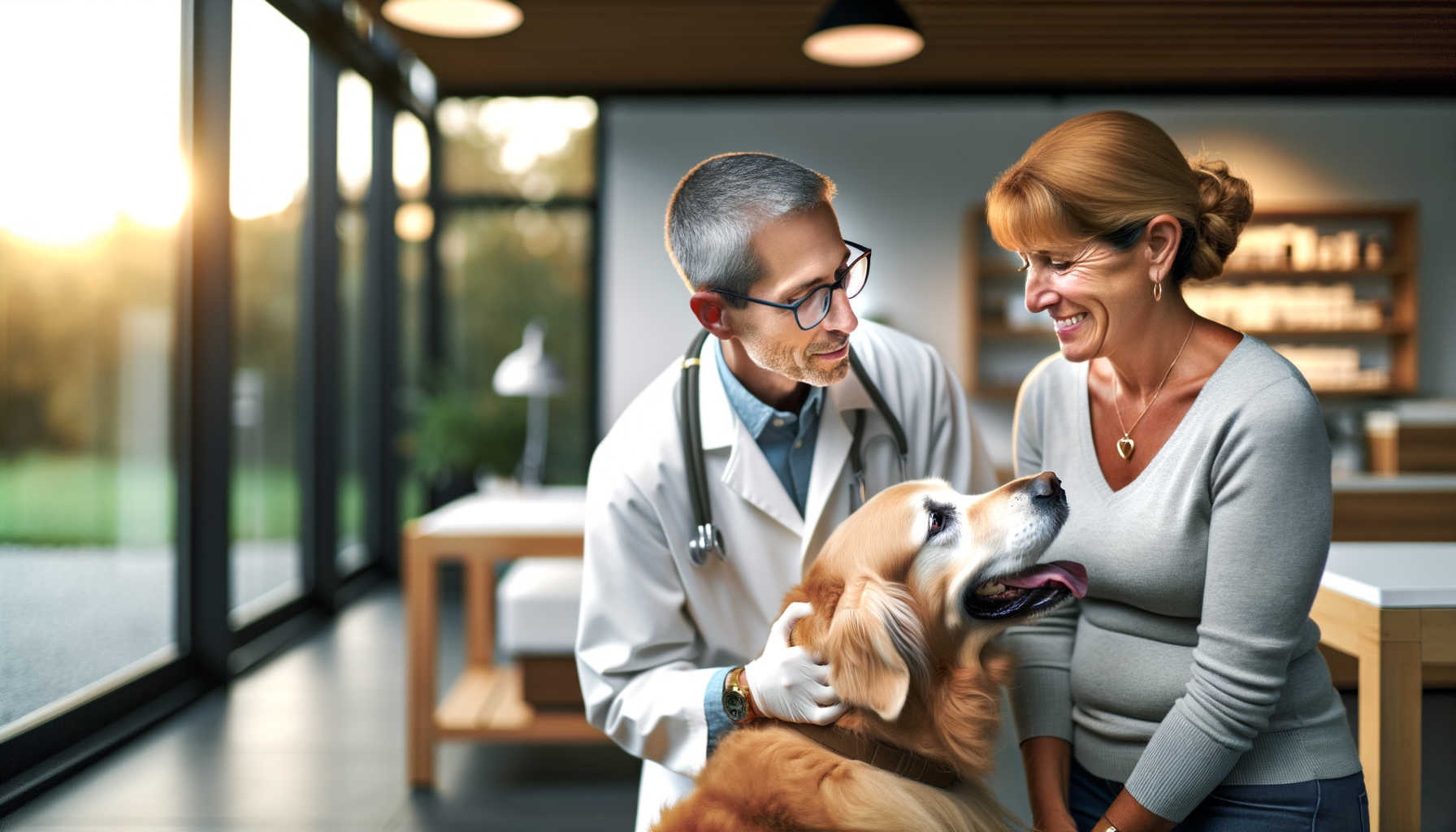 Veterinarian examining a golden retriever while owner watches with trust and comfort