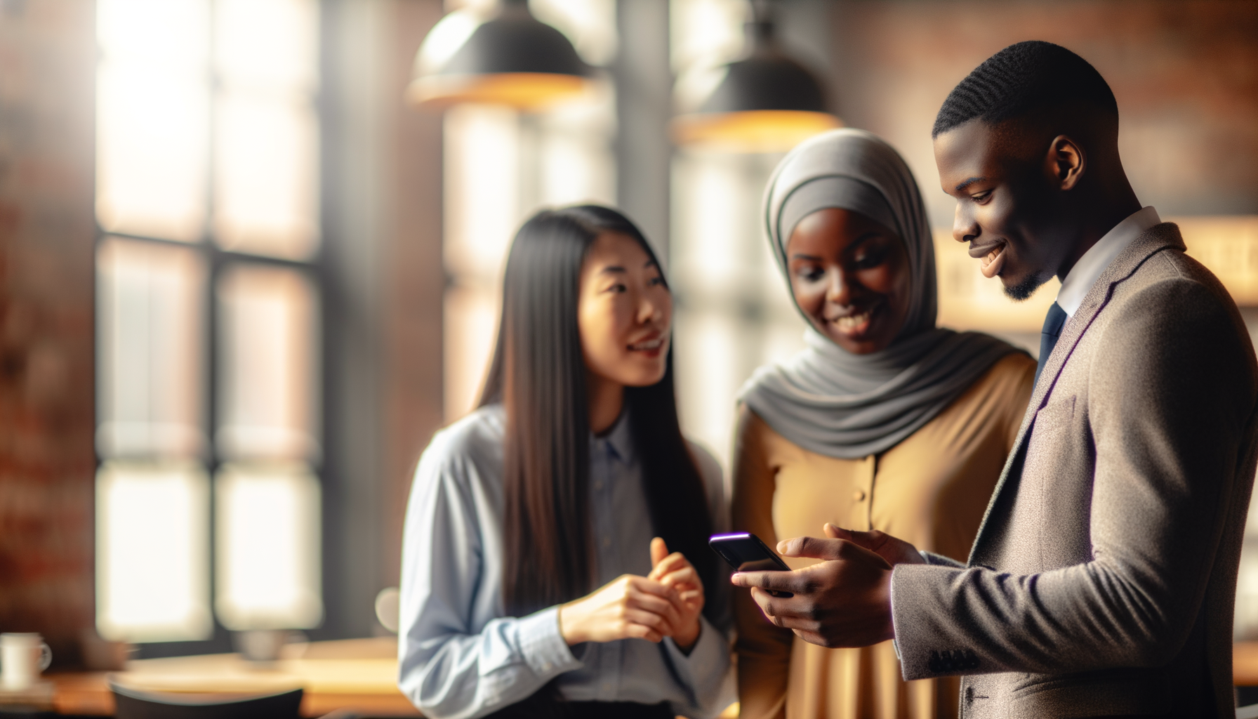 Three diverse professionals sharing recommendations in a coffee shop conversation