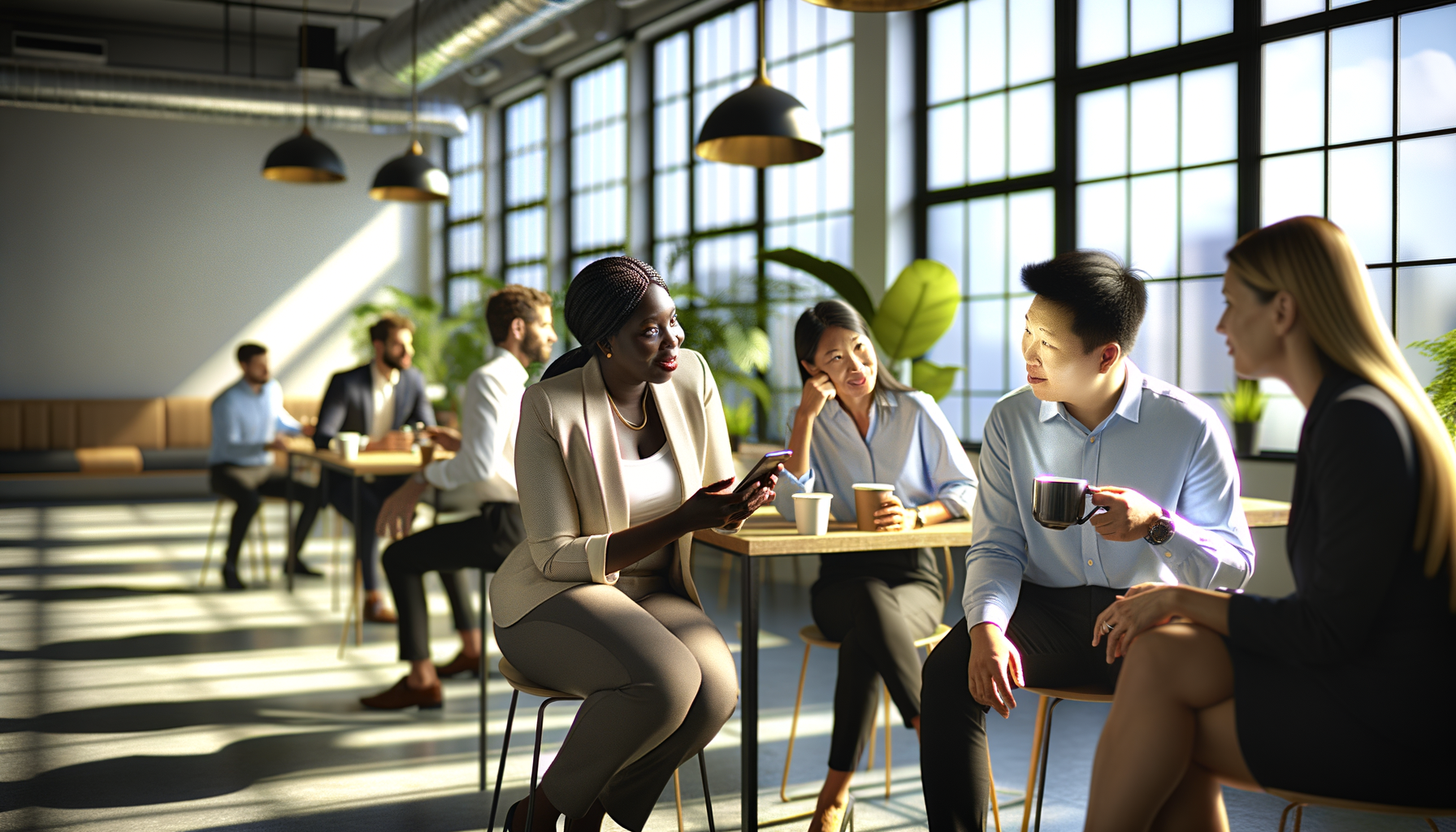Professionals sharing recommendations and connecting over coffee in a modern office environment