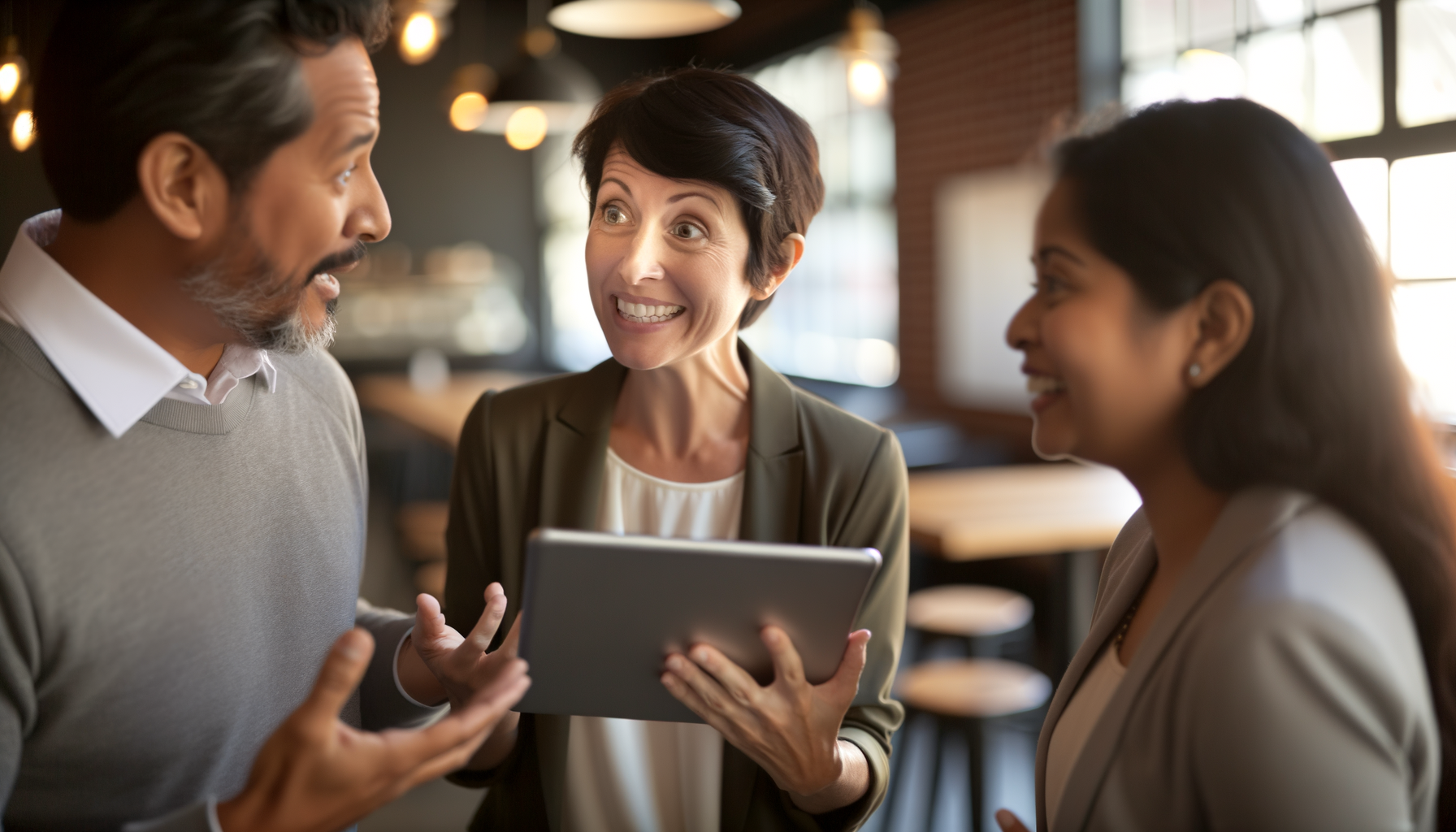 Business professionals sharing recommendations and referrals in a casual meeting setting