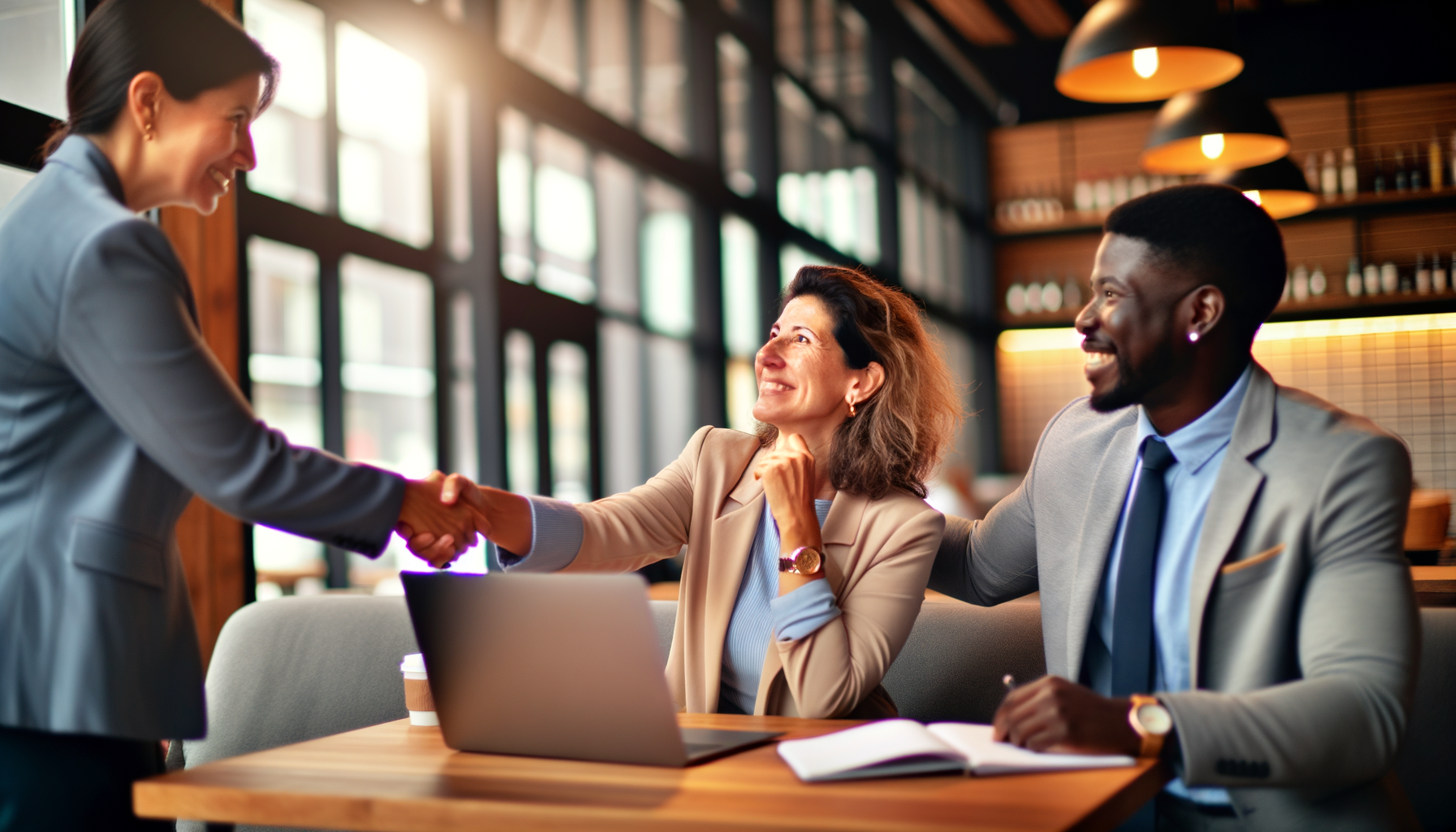 Business professionals building relationships through authentic conversation in a coffee shop setting
