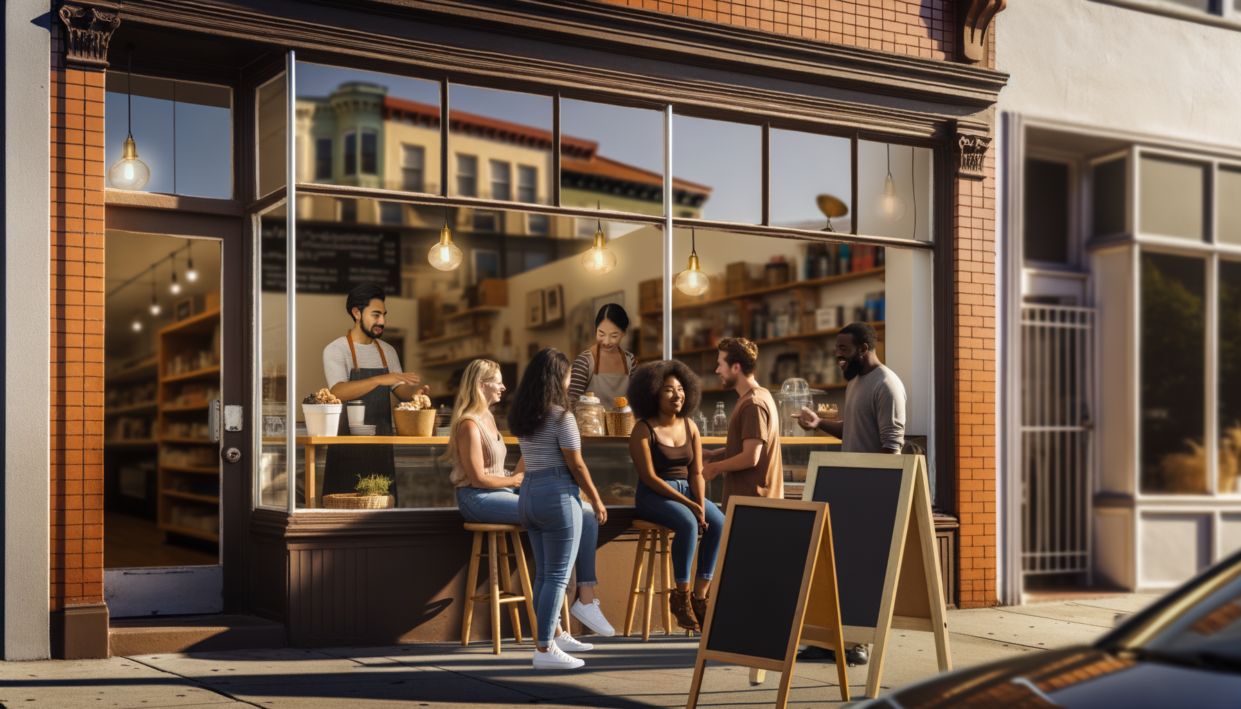 Local service business with customers and staff building relationships in a welcoming storefront environment