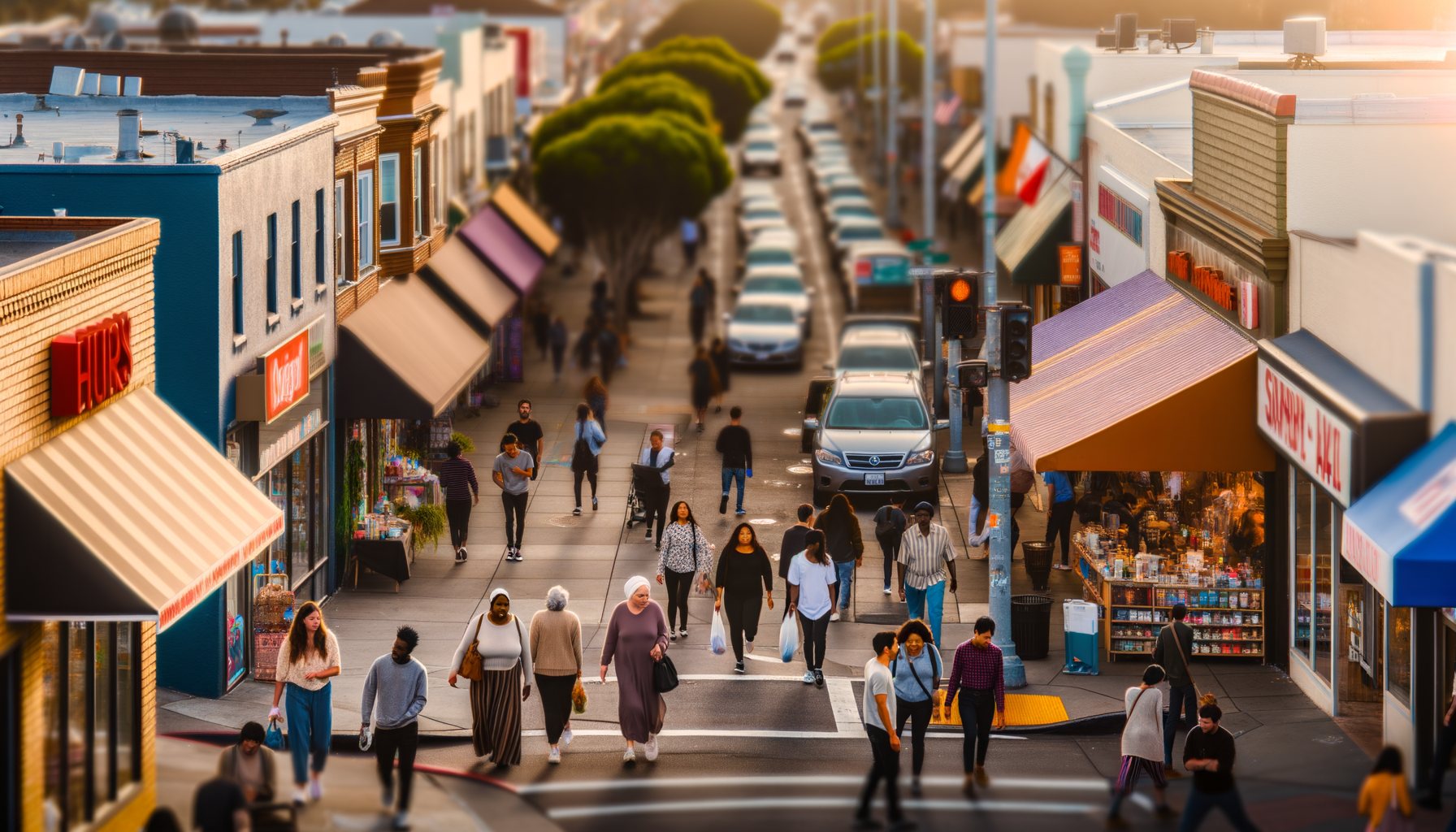 Aerial view of busy neighborhood street showing interconnected local businesses and community interactions