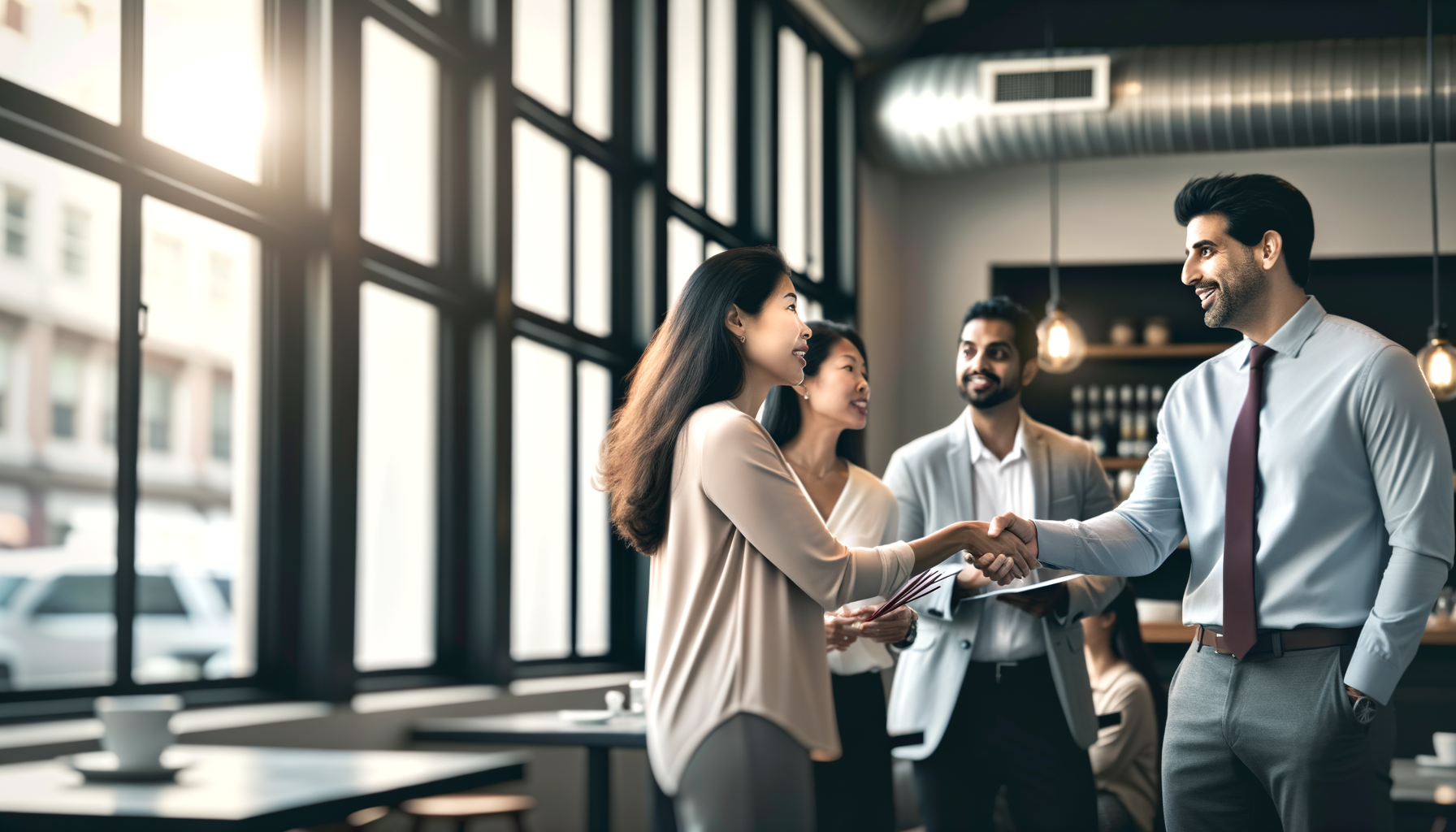Business professionals making connections through mutual contacts at a coffee shop