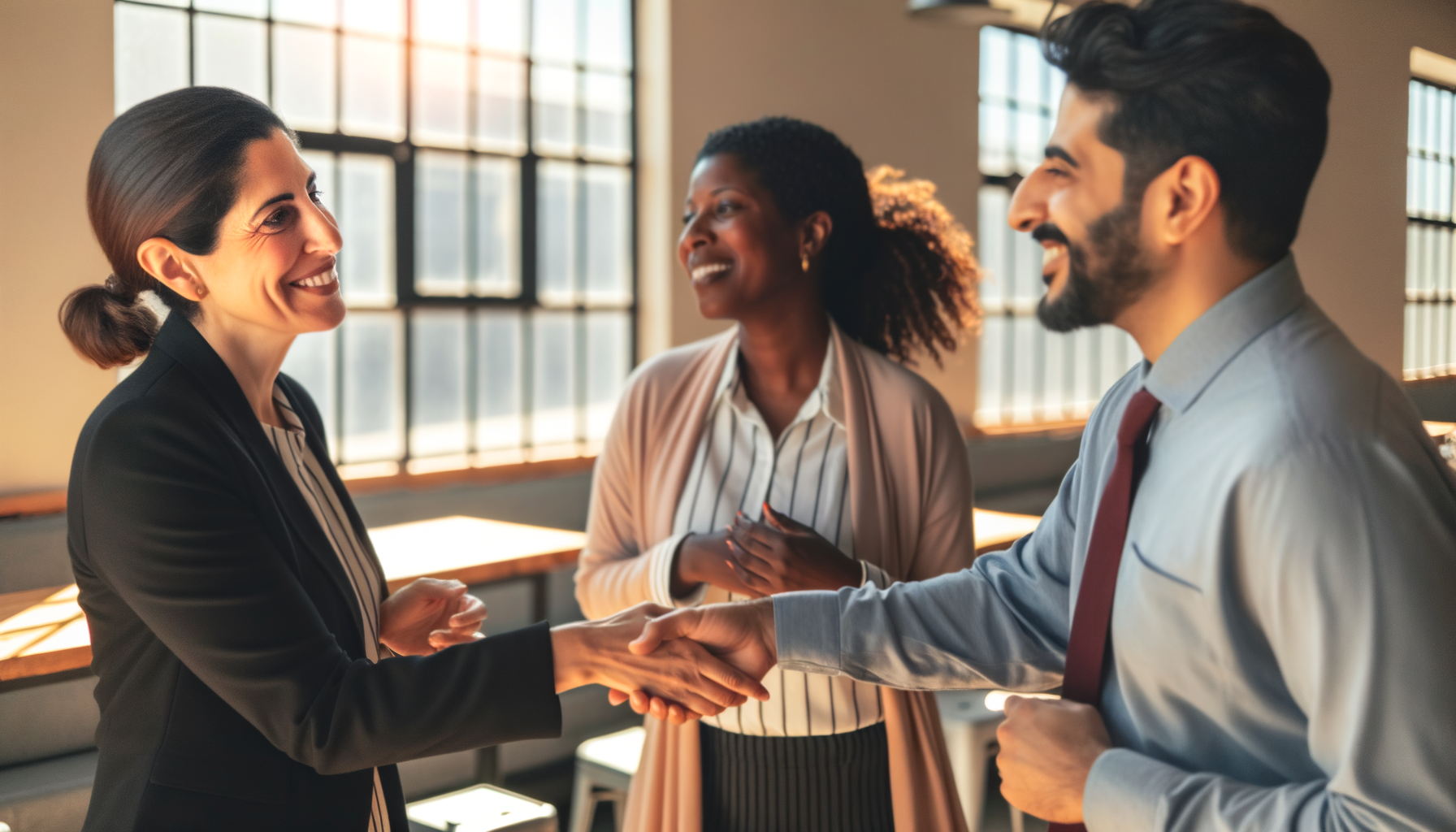 Business professionals making introductions in a coffee shop setting