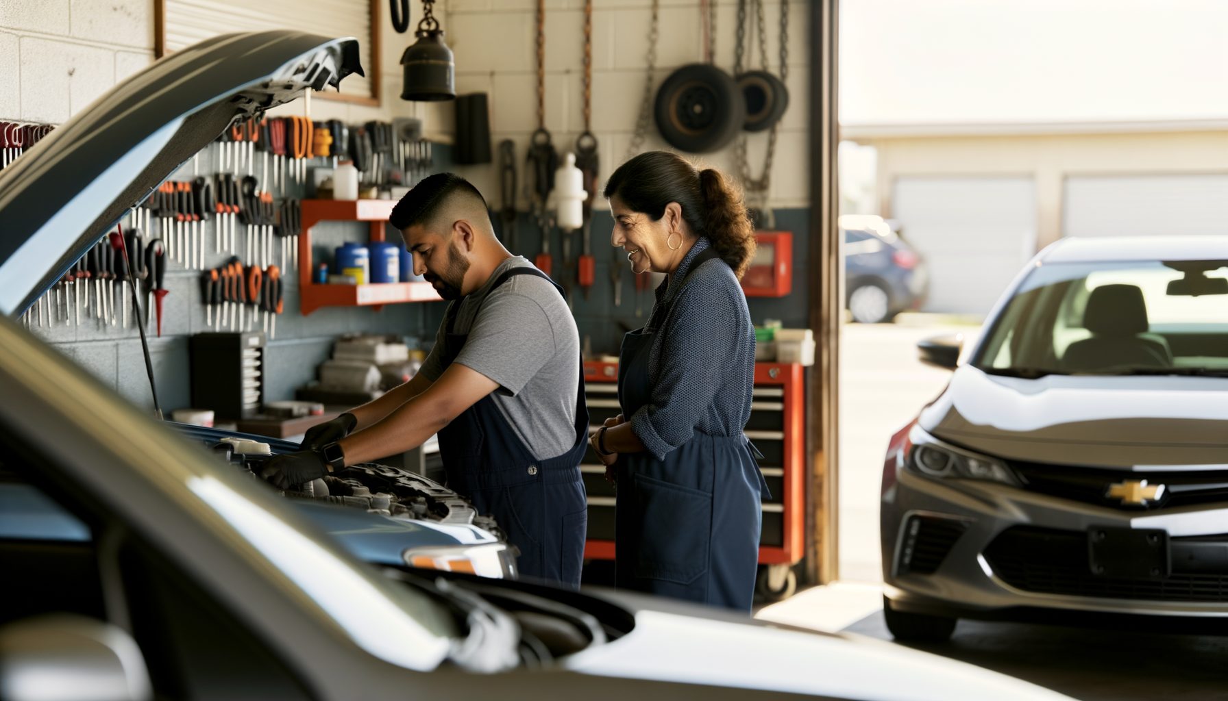 Small auto repair shop with mechanic working on car and owner talking to customer