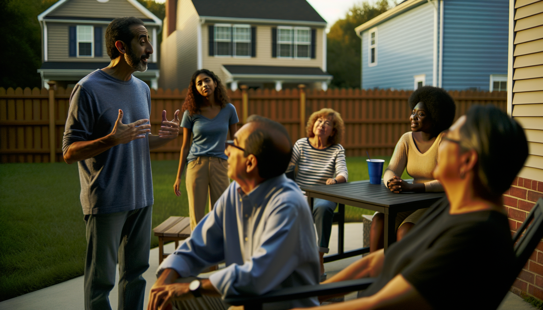 Neighbors discussing local services and sharing recommendations over a backyard fence