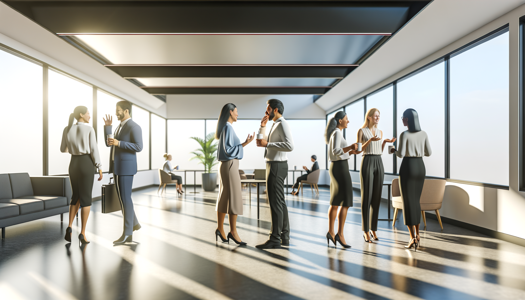 Business professionals having a casual conversation in a modern office setting