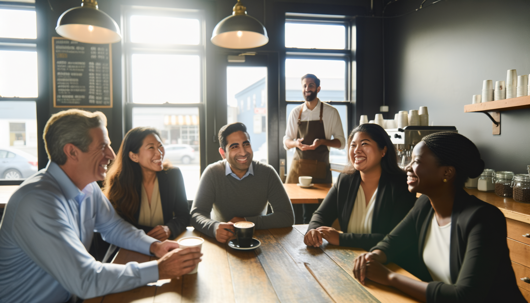 Professionals building business relationships in a local coffee shop, representing personal networks in service industries