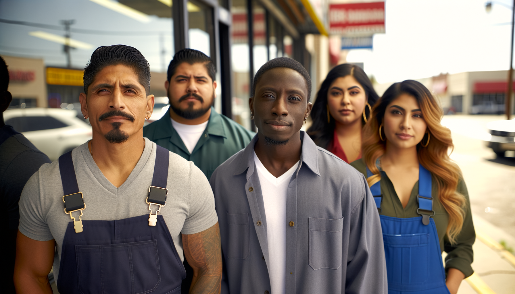 Service business professionals standing confidently outside their thriving businesses