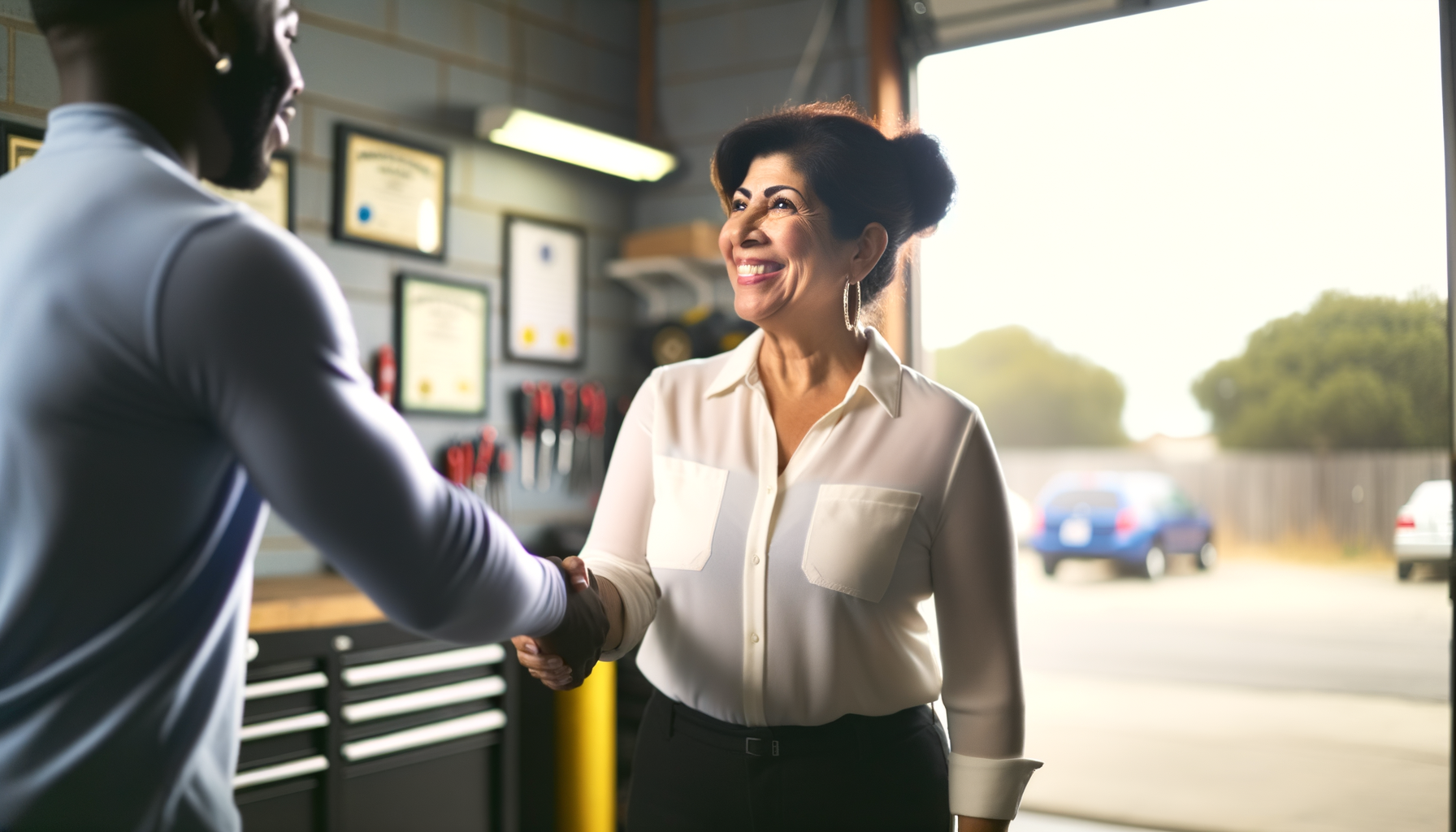 Business owner and customer shaking hands in professional service shop, demonstrating personal accountability and trust