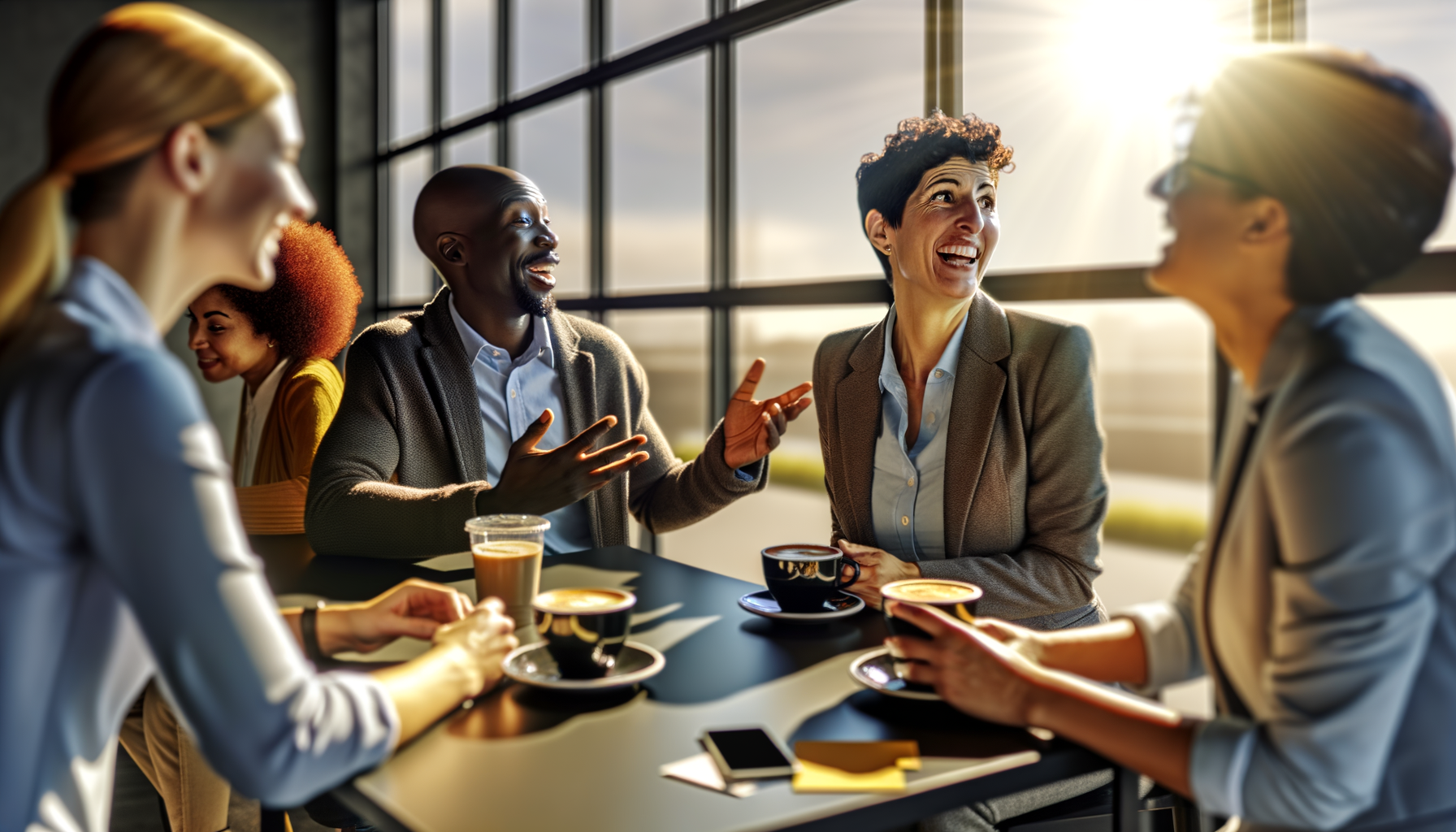 Three diverse professionals having an engaged conversation in a bright, modern coffee shop setting