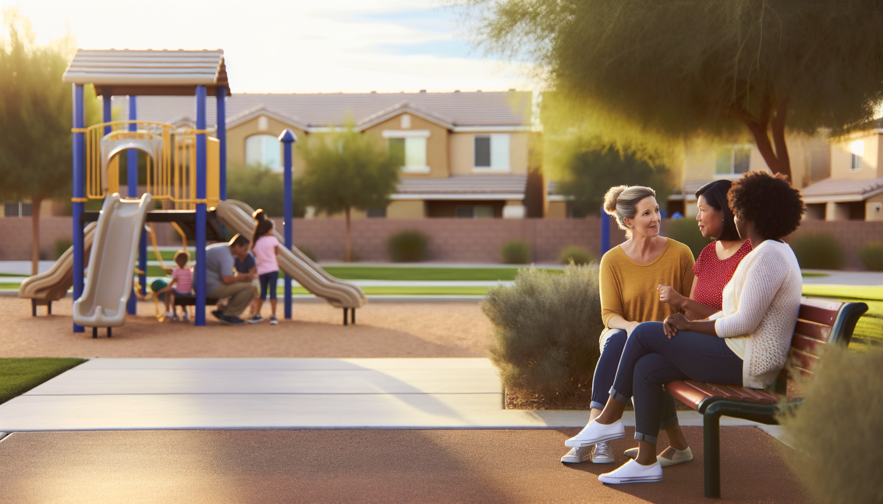 Two diverse mothers having a conversation on a park bench while children play at a playground in the background