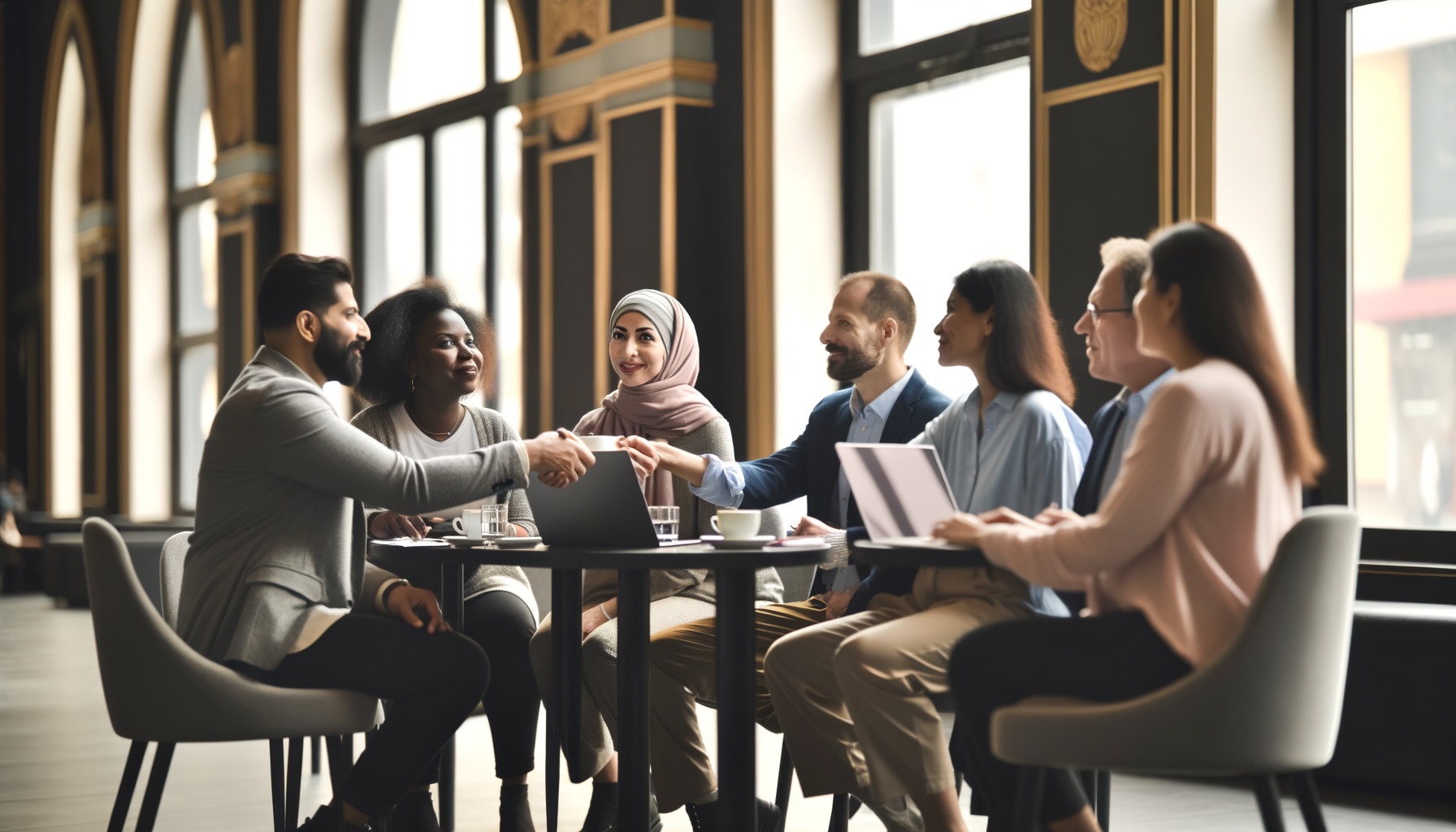 Small business owners networking and building connections in a coffee shop setting