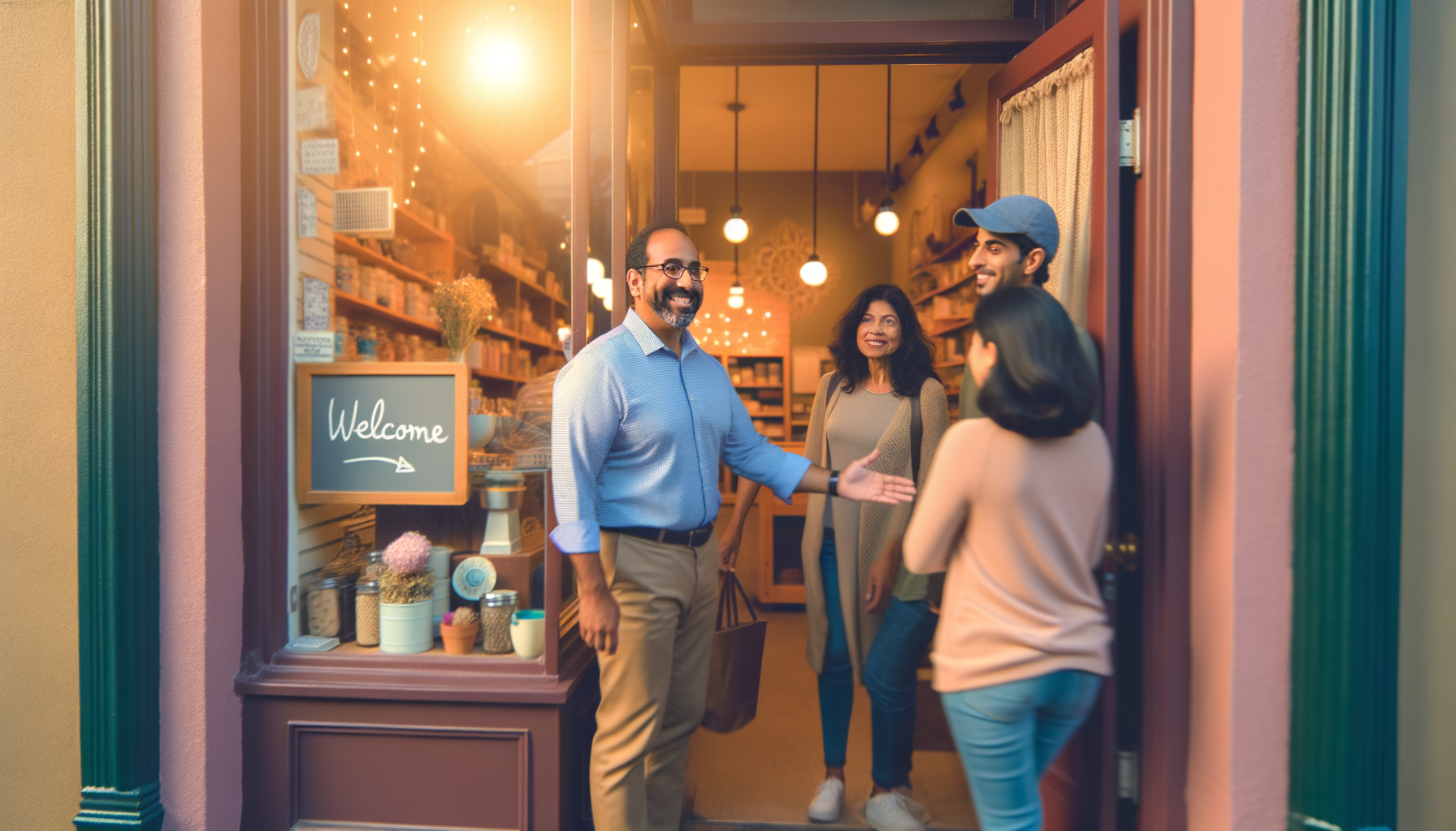 Small business owner warmly greeting customers at their local storefront