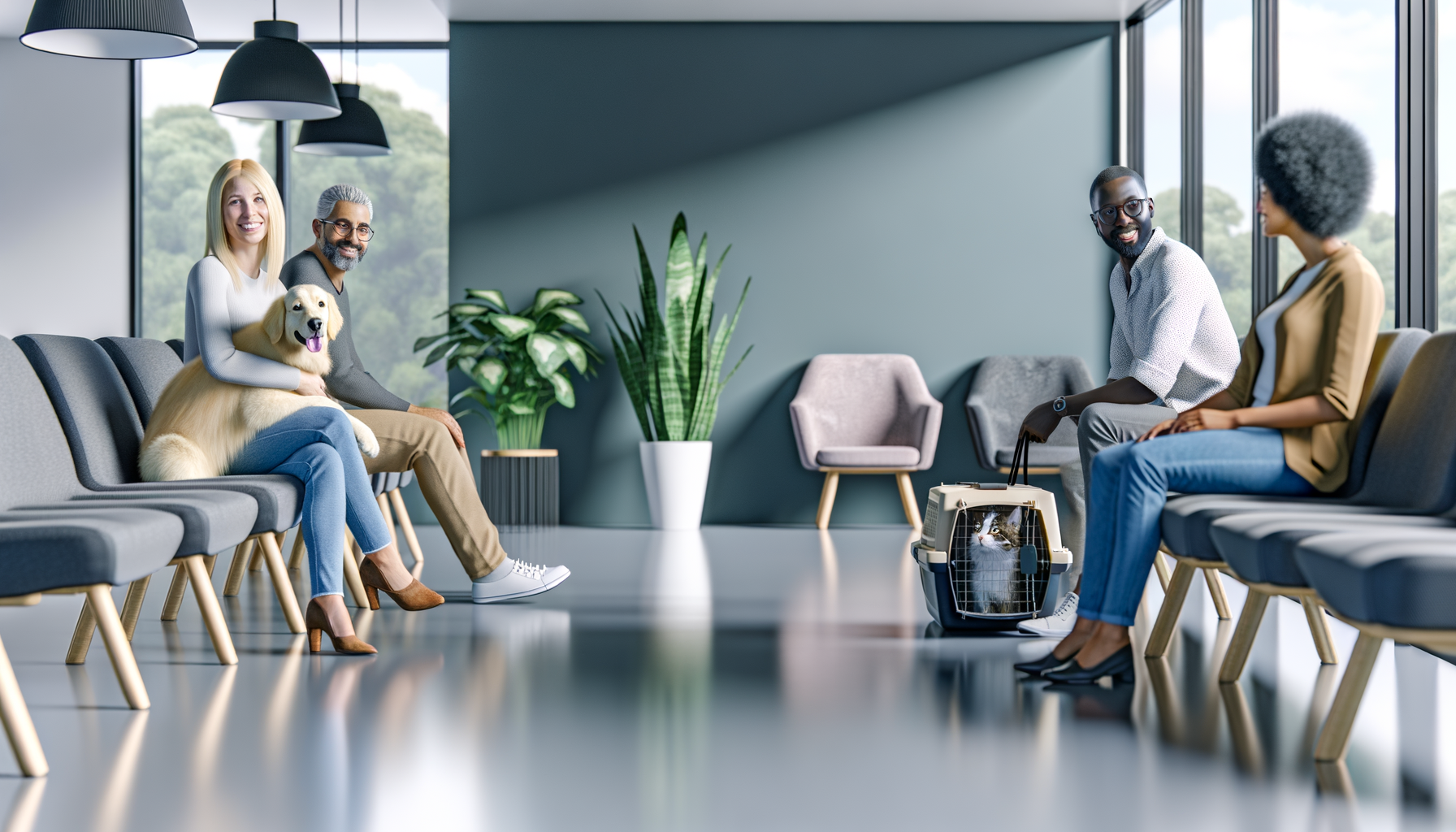 Pet owners with their animals waiting in a veterinary clinic, demonstrating trust in professional pet care services