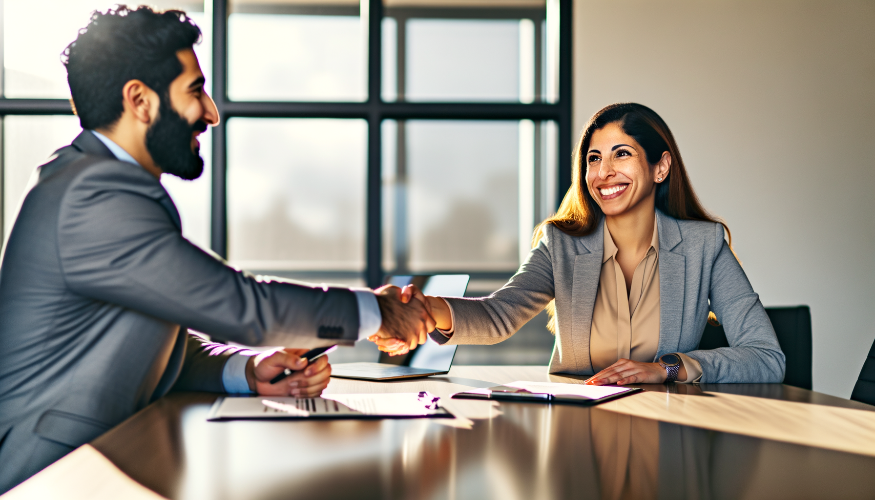 Two professionals shaking hands across a conference table in a bright, modern office setting