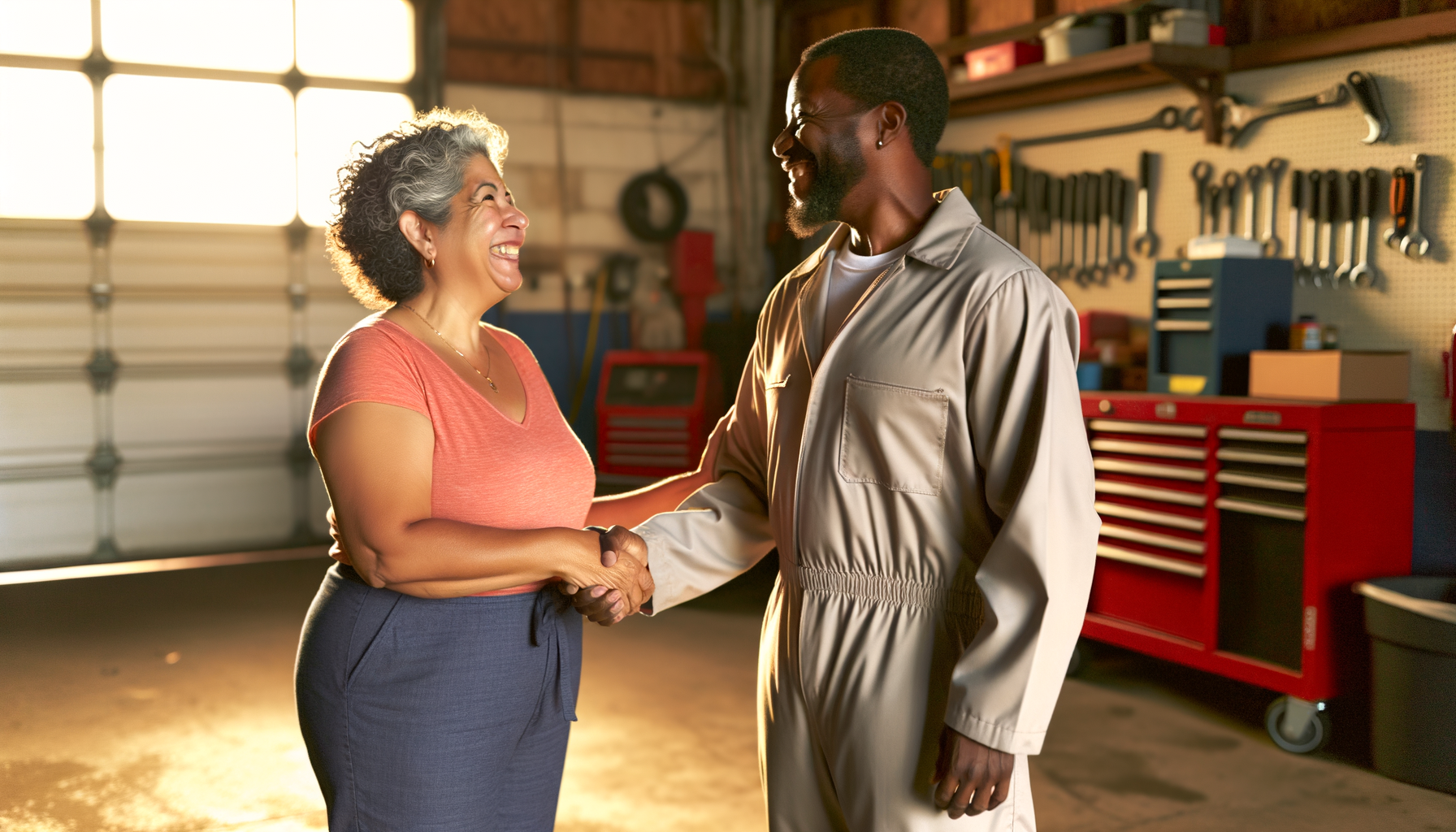 Customer shaking hands with trusted mechanic in professional garage setting