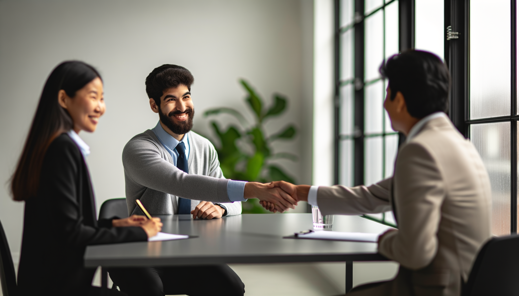 Three business professionals in a meeting room during a warm introduction handshake
