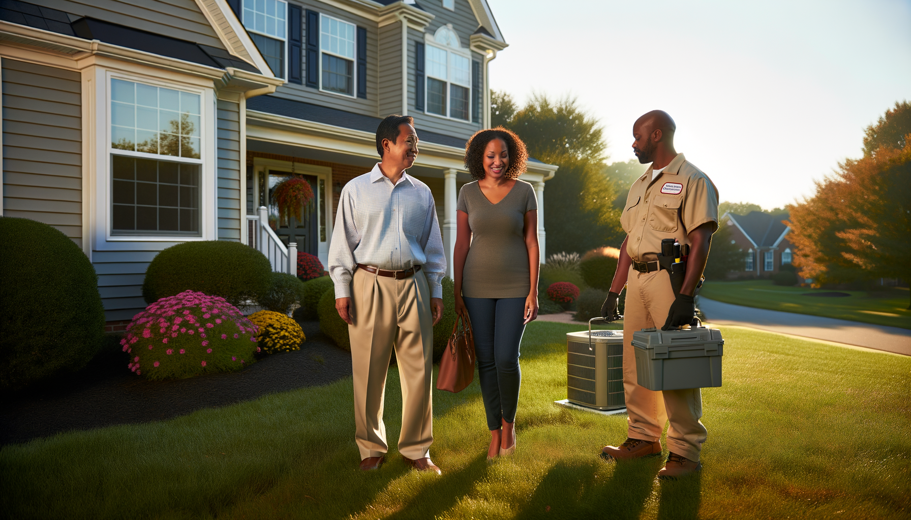 Homeowners discussing annual maintenance with professional service technician outside their house